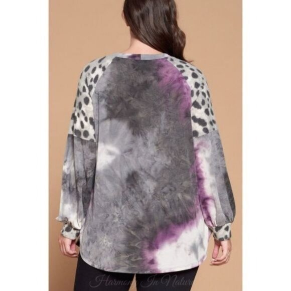 Womens Plus Size Top Purple Tie-Dye Leopard Print Long Sleeve by Emerald - Picture 4 of 12
